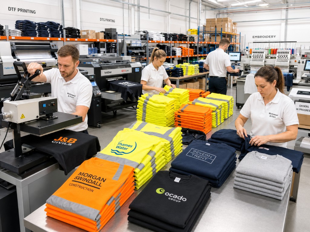 Workwear and Print production area with printed hi-vis workwear, embroidery machines and packed customer orders in London