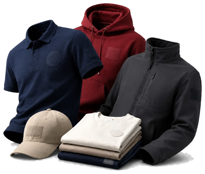 Branded polo shirt, hoodie, jacket, cap and folded t-shirts ready for print