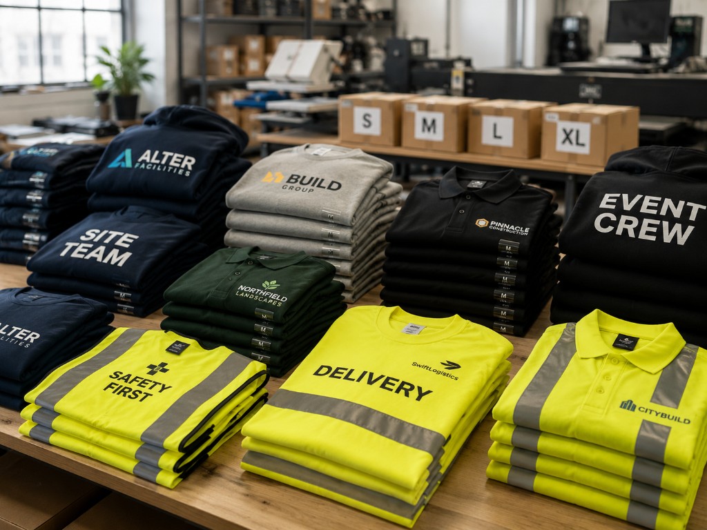 Bulk printed workwear and hi-vis garments prepared for business and event teams