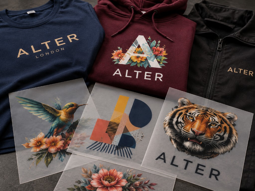 DTF printed garments and transfer artwork for full-colour garment printing