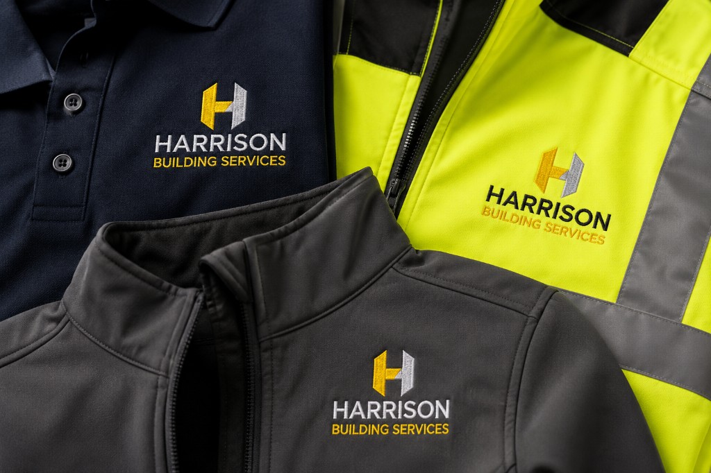 Embroidered workwear, polo shirt and hi-vis vest with company logos