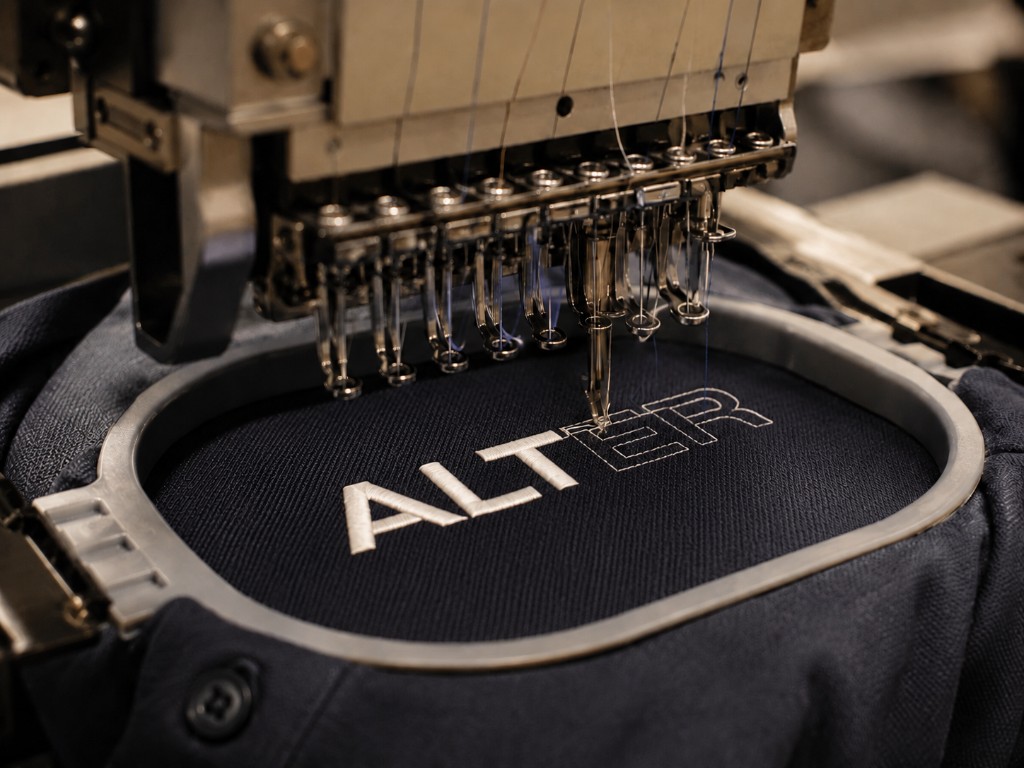 Embroidery machine stitching a logo onto a workwear garment