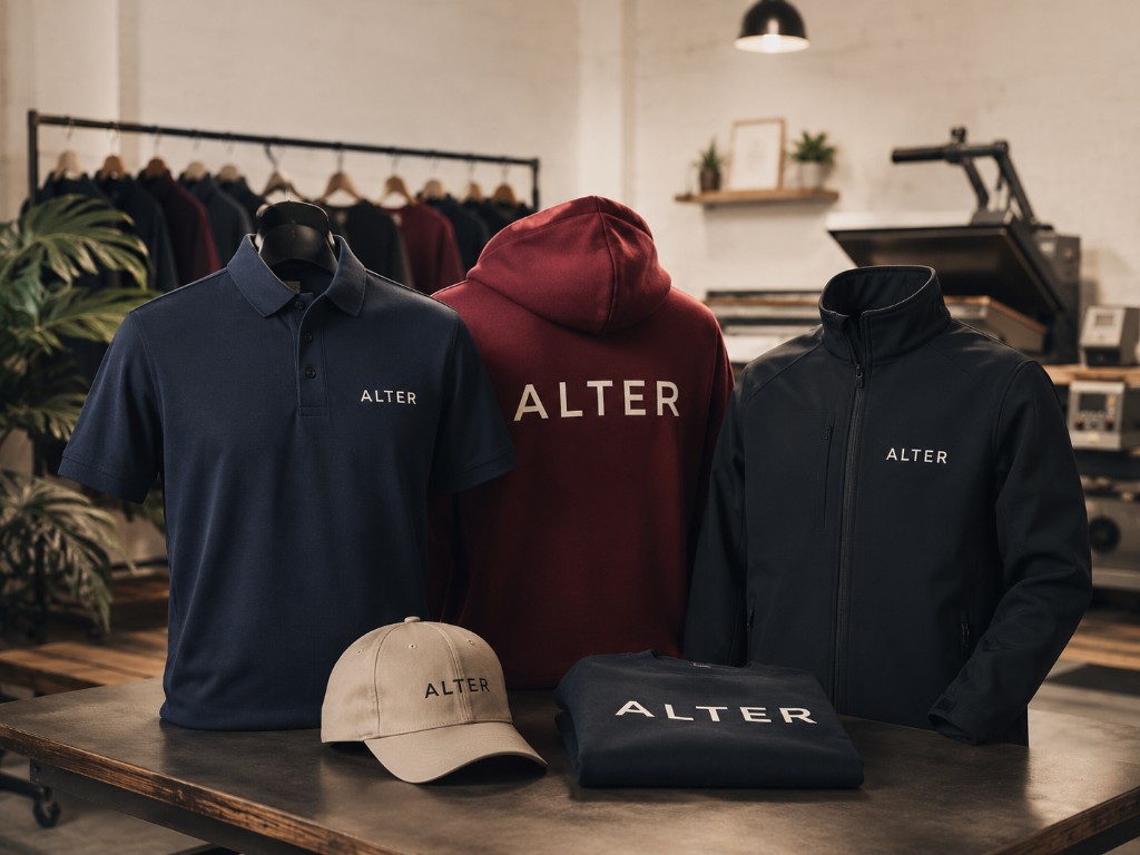 Printed branded workwear including polo shirt, hoodie, jacket and cap