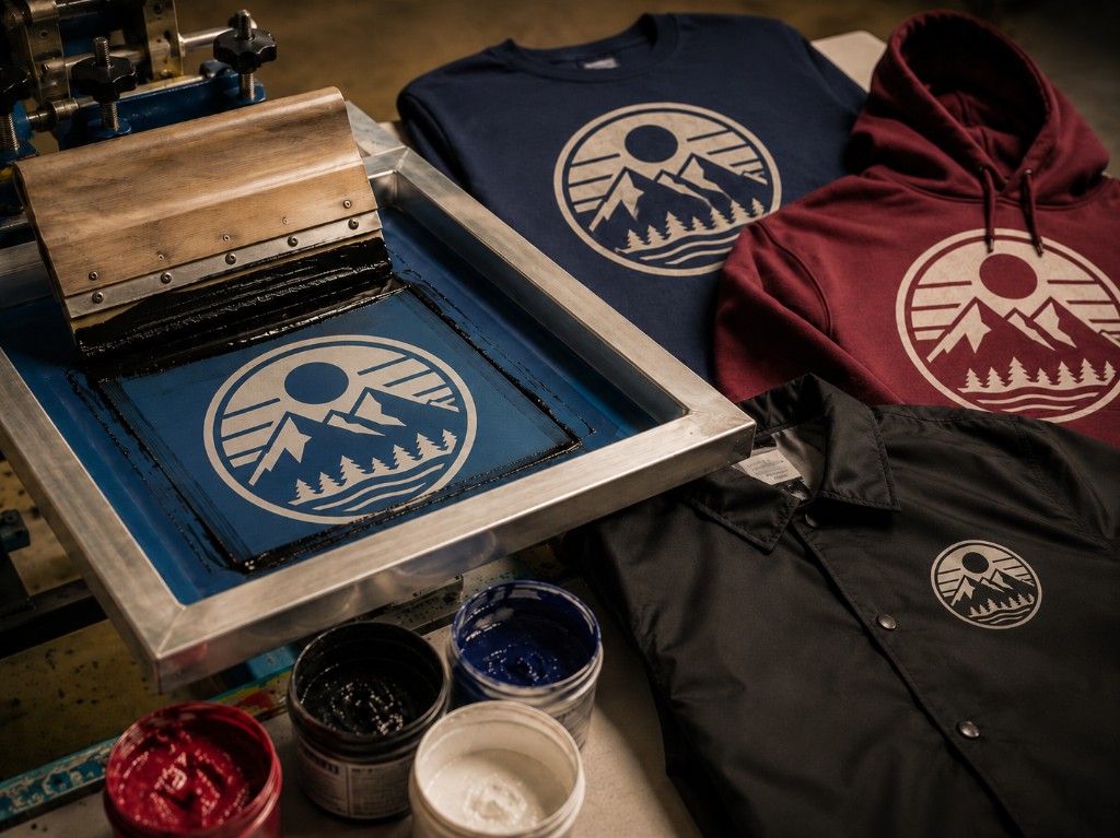 Screen printing press with printed t-shirts, hoodie and workwear garments