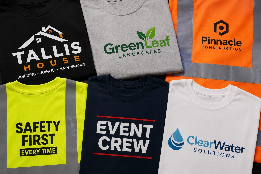 Custom printed t-shirts and hi-vis workwear with business logos